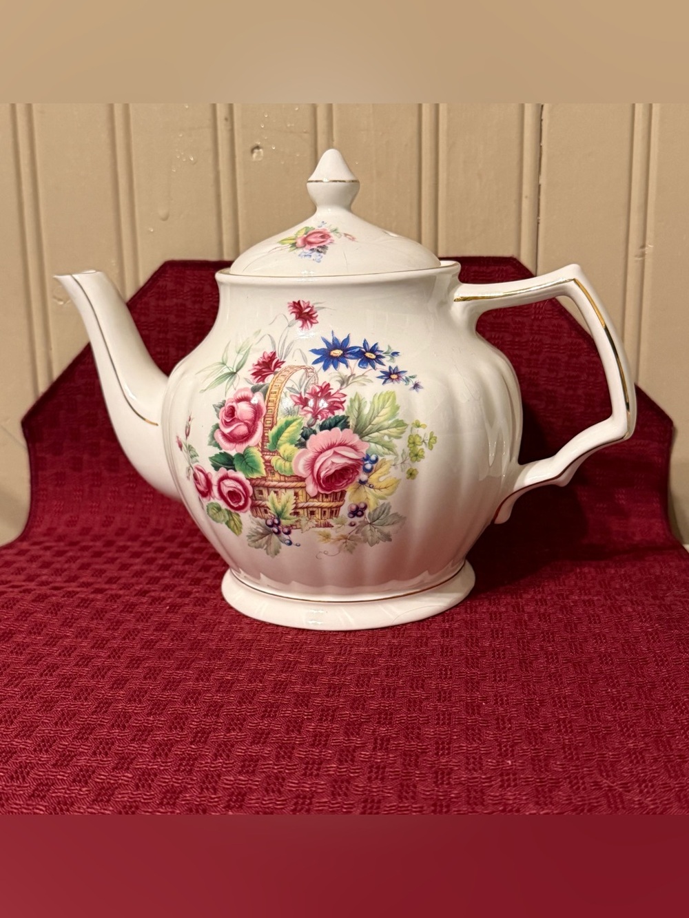 Sadler Floral Basket Porcelain Teapot Pink & Blue Flowers Made in England